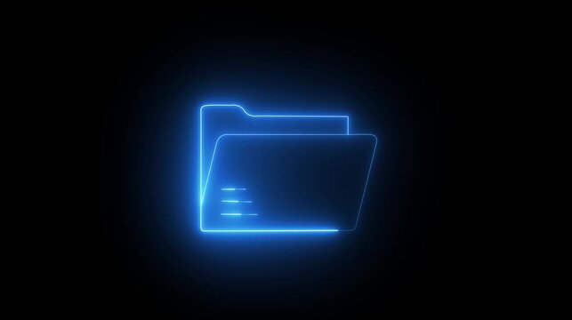 Glowing blue neon folder icon representing digital data storage on a dark black background