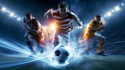 Fototapeta premium Powerful football players sprinting showcasing speed and energy with glowing soccer ball in stadium competition
