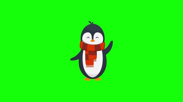 Cute cartoon penguin character with scarf standing on green screen. Adorable winter animal mascot for animations, apps, and kids' media projects.