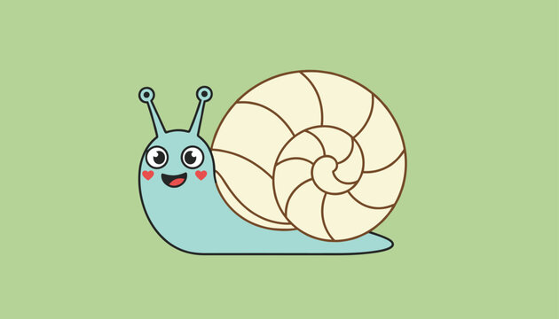 Cute cartoon snail with a spiral shell on a soft green background represents slow movement, nature, and childhood.