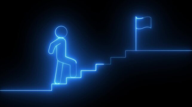 Glowing neon stick figure climbing stairs toward a flag on a dark background