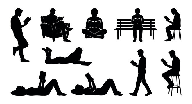 Silhouettes Of People Reading Black Vector Illustration On White Background