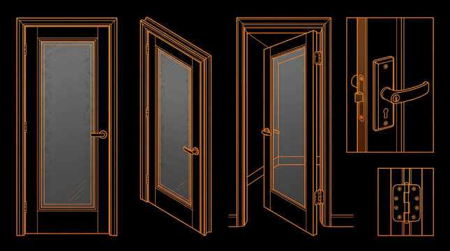 Laundry Room Open and Closed Door Detailed Drawing Vector Set Multi View Architectural CAD Blueprint Orange Outline on Black Background