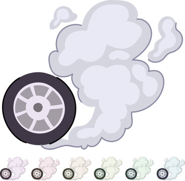 Vehicle wheel spinning fast, creating white smoke from frictional heat, illustrating concepts of speed, power, acceleration, and adrenaline in a graphic design style
