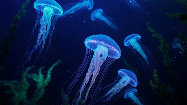Bioluminescent jellyfish drifting gracefully through deep ocean currents with glowing tendrils in ethereal underwater lighting