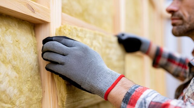 Worker hand in protective glove installing mineral wool thermal and sound insulation between wooden wall studs