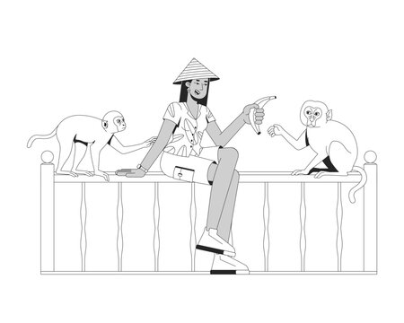 Southeast asian woman feeding monkeys on railing line art character. Indonesian tourist in traditional conical hat offering banana isolated vector outline person. Black and white spot illustration