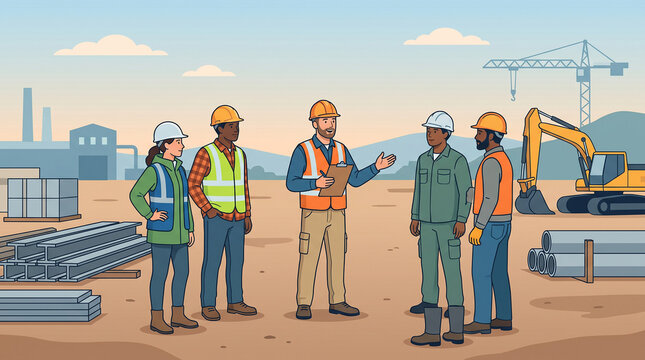 Construction supervisor discussing plans with a diverse team of workers on a busy building site with heavy machinery and materials.