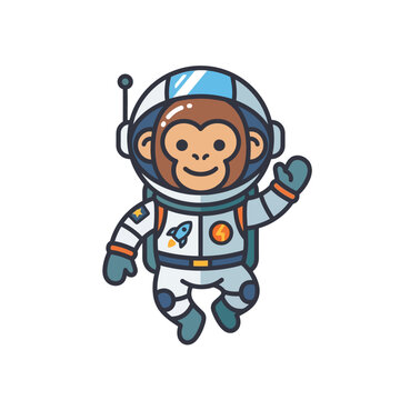 Cartoon Monkey Astronaut Waving in Space, Cute Animal Character