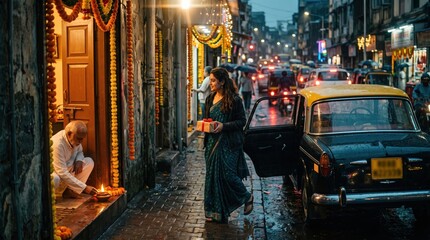 Obraz premium A woman in traditional attire steps out of a taxi holding a gift box on a rain-soaked festive street decorated with lights and flower garlands. Diwali festival celebration in India.