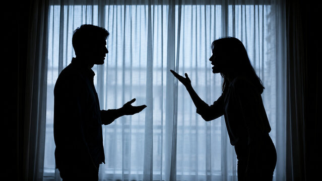 Silhouettes of a Couple Arguing During an Intense Relationship Conflict in Front of a Window
