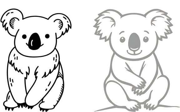 Detailed black and white illustration featuring two koalas sitting side by side, one shaded.