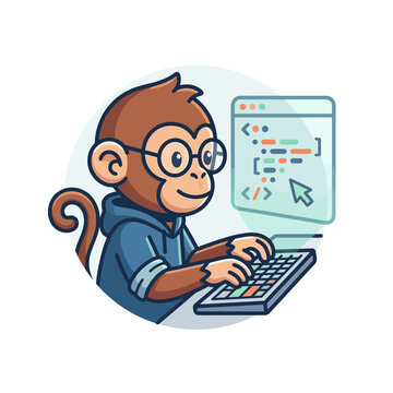 Cute Monkey Programmer Coding on Computer, Wearing Glasses and Hoodie