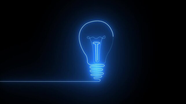 Glowing blue neon light bulb symbol made with a single continuous line on a dark background