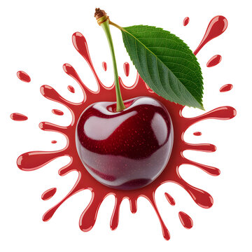 Juicy red cherry with green leaf and splatter isolated on transparent background