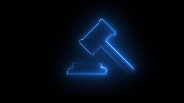 Glowing blue neon judge gavel icon representing law and justice on a dark background