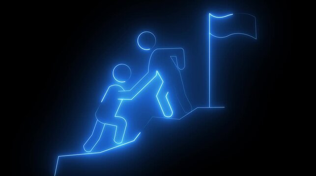 Neon blue light line art of a person climbing a mountain peak to reach a victory flag