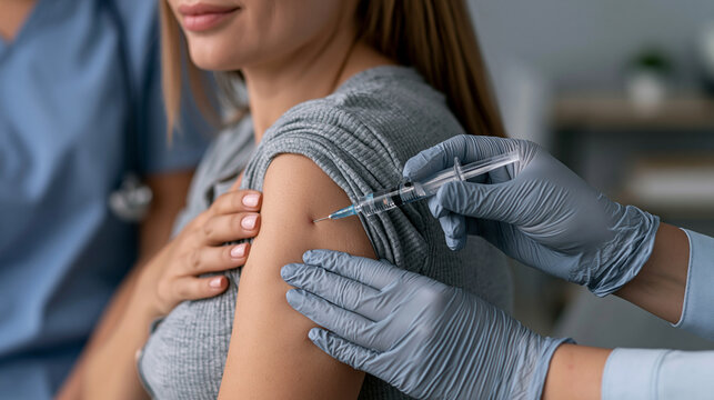 Healthcare worker wearing gloves administering a vaccine jab to a female patient, promoting immunization, disease prevention, public health, and medical treatment