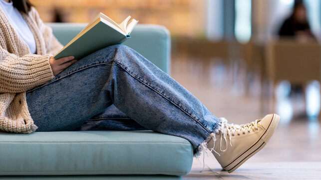 Young person relaxing on a sofa, engrossed in a book, enjoying casual education and personal development in a cozy library or comfortable study lounge environment, copy space