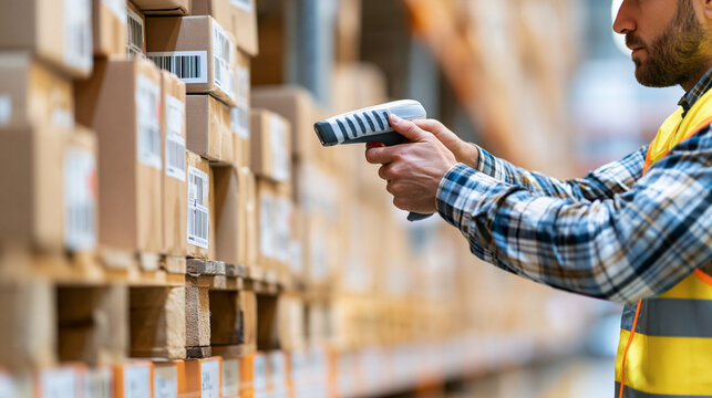 Warehouse worker scanning barcode on cardboard box controlling inventory and managing shipment logistics with a digital handheld scanner