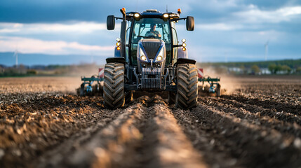 Obraz premium Modern tractor working agricultural field, cultivating soil for new season crops, farmer driving machinery preparing ground at sunset golden hour, sustainable industry farming, copy space