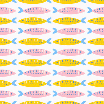 Colorful sardines seamless pattern.  Marine italian fish trendy print. Summer mediterranean coastal background. Hand drawn sea food.  Vector illustration for textile, design menu, wrapping paper.