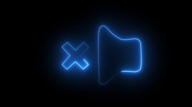 Glowing blue neon mute button icon with a cross symbol on a dark black background