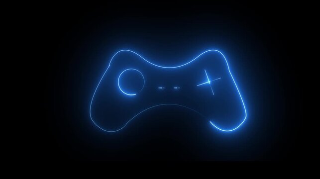 Glowing blue neon video game controller icon on a dark black background