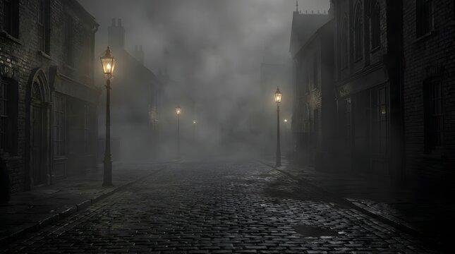 Spooky Halloween Night in a Foggy Victorian Street with Vintage Lamp Posts and Dark Cobblestone Paths for Eerie Gothic Atmosphere Background