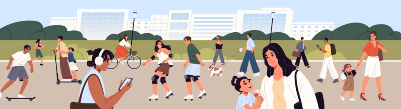 Crowd of diverse men and women walks in recreational park. Families with kids, couples and children stroll outdoors. City landscape with cycling, riding happy active people. Flat vector illustration