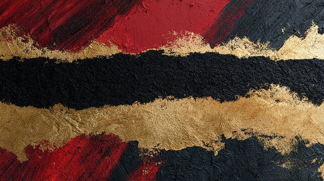 Multi-textured abstract art backdrop, thick dark red charcoal diagonal brush strokes at corners, wide horizontal textured black stripe splitting layout, metallic gold foil textured splashes framing ce