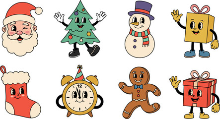 Fototapeta premium Retro Christmas Cartoon Character Vector Set Featuring Groovy Santa, Christmas Tree, Snowman, Gingerbread Man, Clock, Stocking, and Gift Boxes in Vintage Style