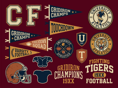 Retro Collegiate American Football Graphic Bundle &mdash; Fighting Tigers Varsity Gridiron Touchdown University Athletics Badges Pennants Emblems Design Set