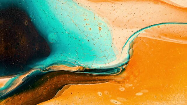 A mesmerizing abstract acrylic pouring artwork brought to life with smooth, continuous animation. Vibrant streams of fluid paint gently flow and evolve across the canvas, crea