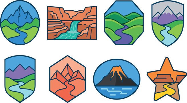 Mountain and Nature Landscape Badge Icon Set Featuring Canyon Waterfall Volcano Peak and Winding River Vector Illustrations for Travel and Adventure Designs