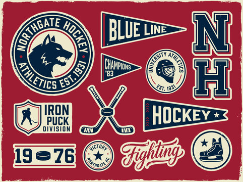 Vintage Retro Collegiate Ice Hockey Badges Stickers Bundle &mdash; University Athletics Blue Line Champions Varsity Puck Wolf Mascot Graphic Design Elements Set