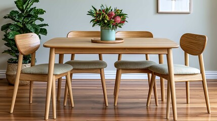 Fototapeta premium Modern Wooden Dining Table Set with Floral Centerpiece and Stylish Chairs in Cozy Interior Design