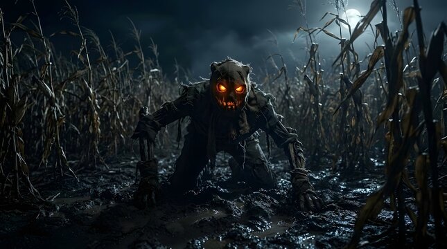Creepy Halloween scarecrow monster crawling in a dark cornfield under a full moon with glowing jack o lantern eyes