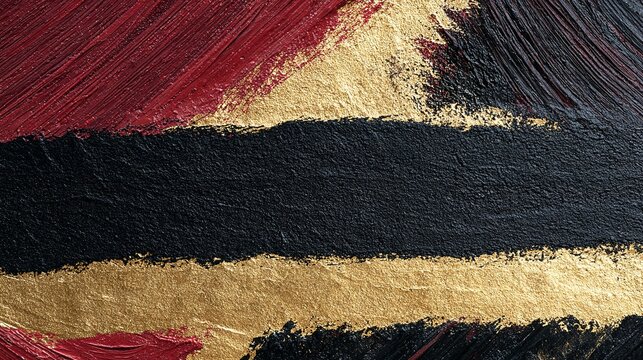 Multi-textured abstract art backdrop, thick dark red charcoal diagonal brush strokes at corners, wide horizontal textured black stripe splitting layout, metallic gold foil textured splashes framing ce