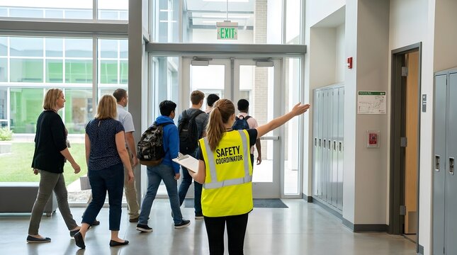 Staff Members Leading Students in an Emergency Evacuation Drill in a School Hallway