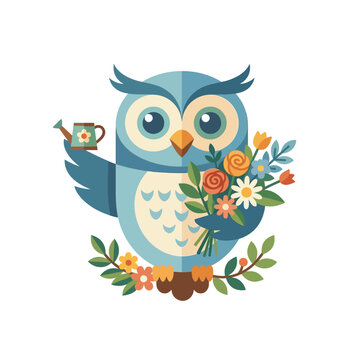 Cute Blue Owl Holding Watering Can and Flowers, Spring Garden Illustration