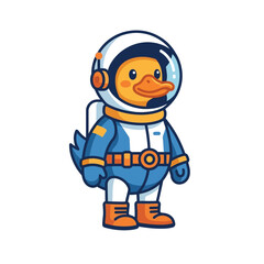 Fototapeta premium Cute cartoon duck astronaut in a blue spacesuit floating in space