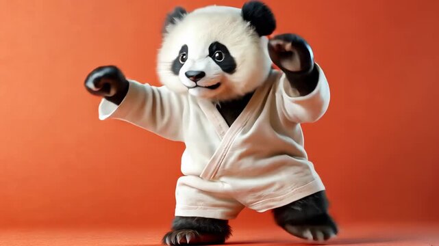 Cute panda cub practicing martial arts in orange room with adorable expressions