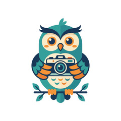 Fototapeta premium Cute Cartoon Owl Holding Vintage Camera on Branch, Photography Icon, Vector Art