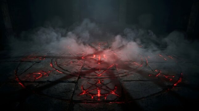 Mysterious Halloween magic circle glowing with red light on a dark stone floor surrounded by dense spooky fog for scary occult scenes