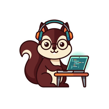 Cute cartoon squirrel wearing headphones and glasses, coding on a laptop, representing programming and technology.
