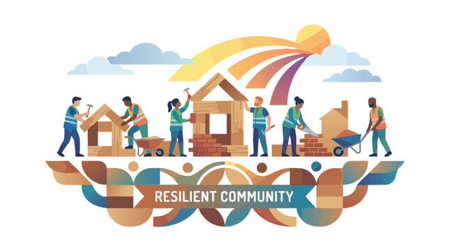 Diverse team of people working together to build a resilient community house.