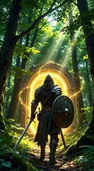 Fototapeta premium Armored warrior walks towards glowing portal in lush forest. Warrior holds sword and shield ready for battle. Fantasy portal opens path to new world.