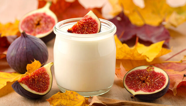 Creamy yogurt with fresh figs and autumn leaves in warm seasonal palette