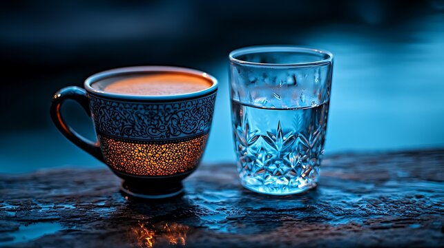 Coffee and water on a wooden surface at dusk